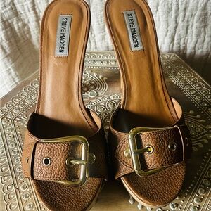 Steve Madden Tan Mules with Gold Buckle